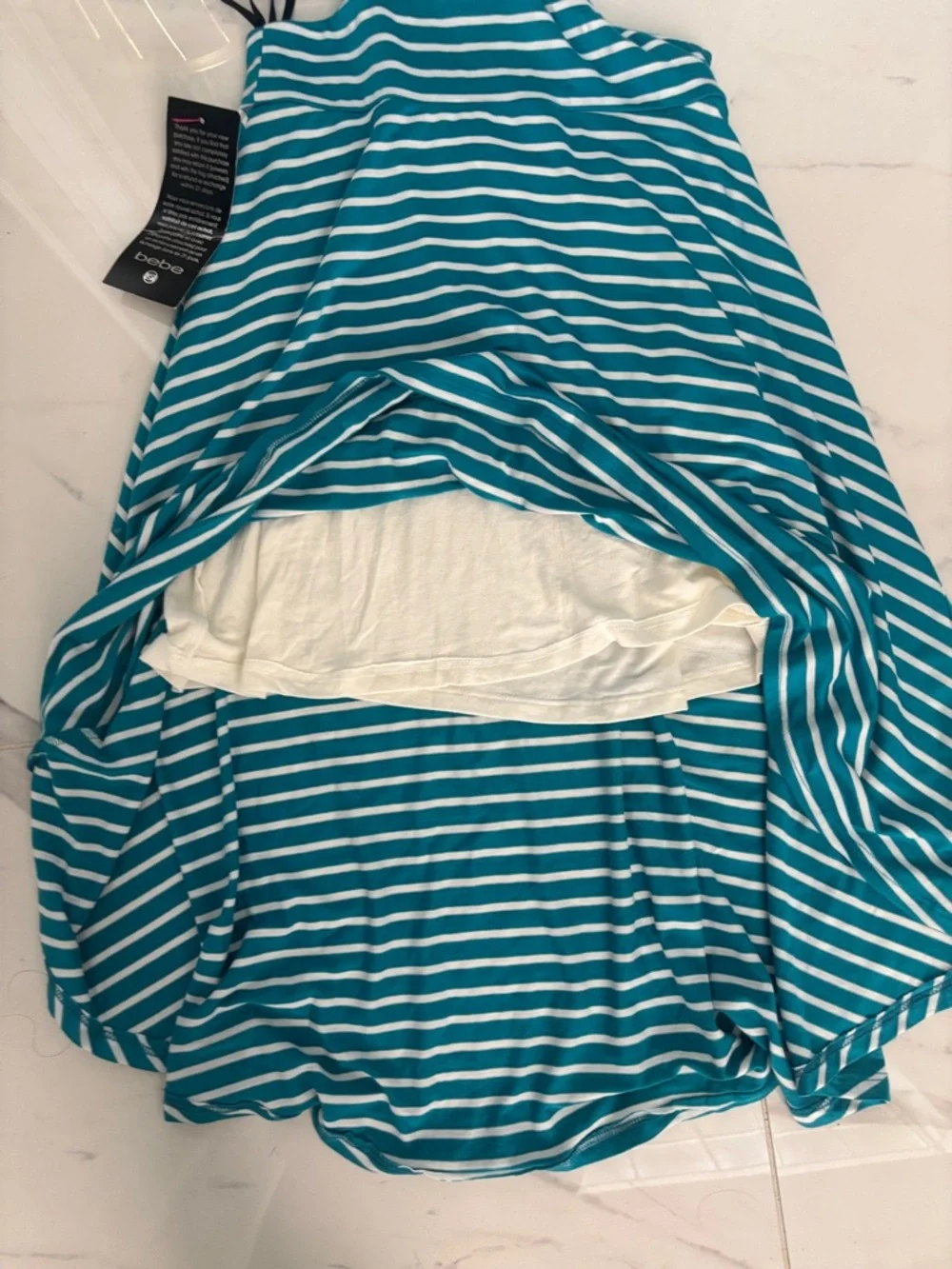 bebe Teal and White Striped High-Low Cutout Dress open back NWT - Picture 14 of 14